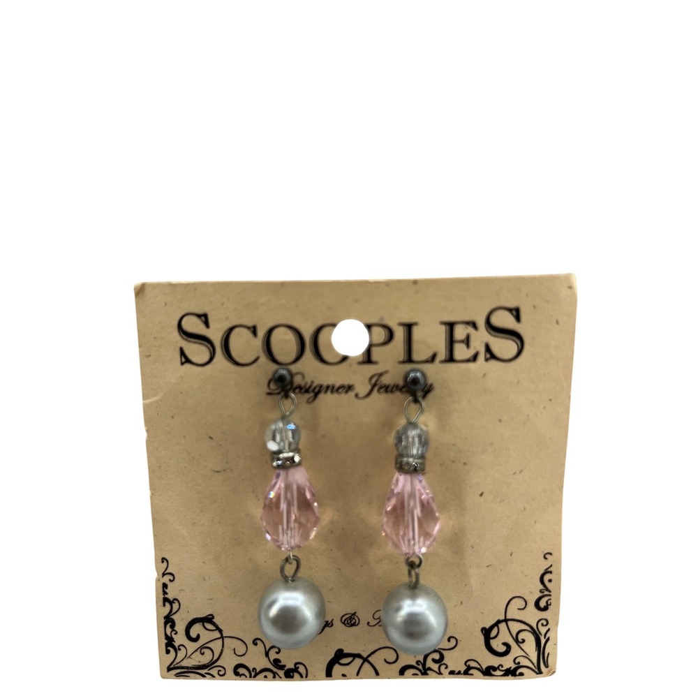 Scooples Designer Jewelry Pink Crystal and Grey Pearl Drop‎ Dangle Earrings NEW